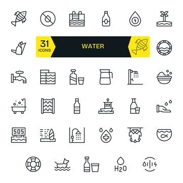 35 Regular Line Grid Fitted Vector Icons crafted for Water 128x128 applicatio Stock Illustration