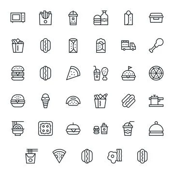 35 Regular Line Pixel Aligned Vector Icons for Fastfood Graphics Stock Illustration
