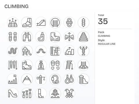 35 Regular Line Pixel Aligned Vectors for Climbing Theme Stock Illustration