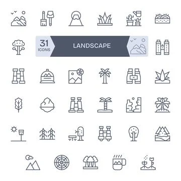 35 Regular Line Pixel Aligned Vector Icons tailored for Landscape 256x256 i.. Stock Illustration