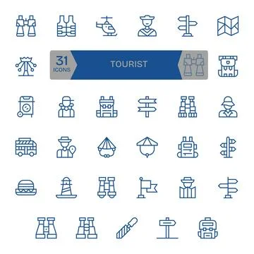 35 Regular Line Pixel Aligned Vectors for Tourist Theme Stock Illustration