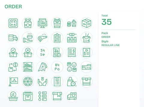35 Regular Line PIXEL Perfect Retina Ready Vector Icons from Order Suite Illustrazione stock
