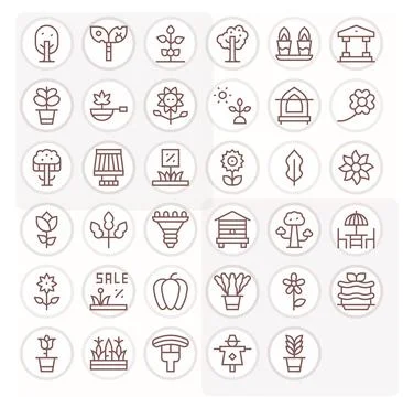 35 Regular Line Vector Icons for Garden in crisp 64x64 Pixel Optimized reso.. Illustrazione stock