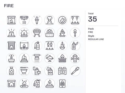 35 Regular Line Vector Icons from Fire in High Resolution Pixel Optimized Q.. Stock Illustration
