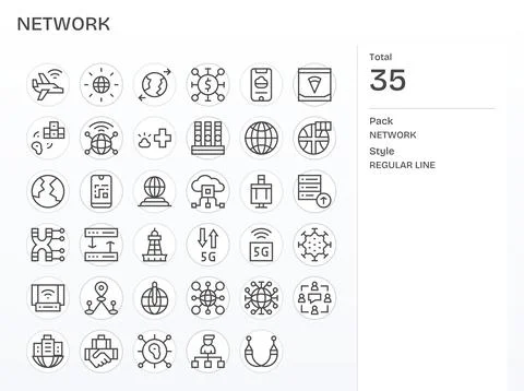 35 Regular Line Vector Icons designed for Network in Retina Ready Pixel Opt.. Stock Illustration
