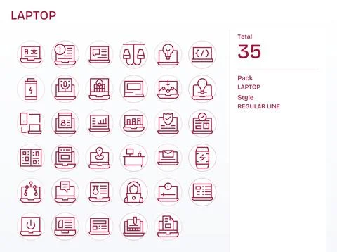 35 Regular Line Vector Icons designed for Laptop in 256x256 Grid Fitted forma Ilustração Stock