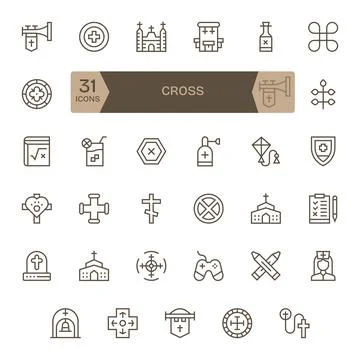 35 Regular Line Vector Icons for Cross in crisp High Resolution PIXEL Perfe.. Stock Illustration