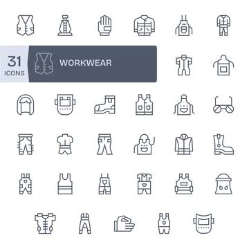 35 Regular Line Vector Icons from Workwear in High Resolution Pixel Optimiz.. Stock Illustration