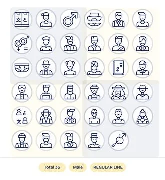 35 Retina Ready Regular Line Editable Vector Icons for Male Projects Stock Illustration