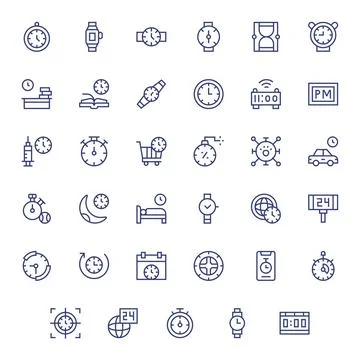 35 Retina Ready Vector Icons for Clock in Detail Enhanced Regular Line Format Stock Illustration