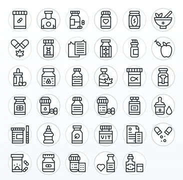 35 Supplement Grid Fitted Vector Icons in High Resolution Regular Line Aest.. Illustrazione stock