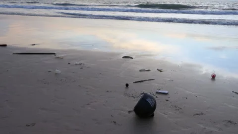 35 Trash And Plastic On Thai Beach With Sea Waves Stock Footage 297185537