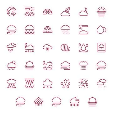 35 Vector Icons for Atmosphere featuring 256x256 Pixel Aligned Regular Line.. Stock Illustration