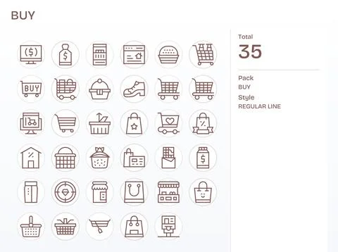 35 Vector Icons for Buy featuring 128x128 PIXEL Perfect Regular Line Graphics Stock Illustration