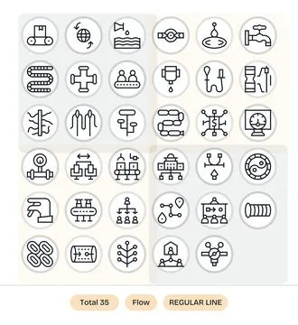 35 Vector Icons for Flow featuring 64x64 Pixel Optimized Regular Line Graphic Stock Illustration