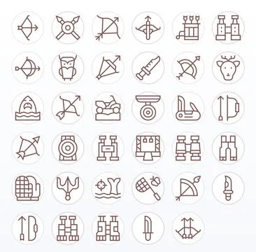 35 Vector Icons for Hunting featuring High Resolution Grid Fitted Regular L.. Stock Illustration