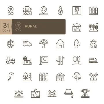 35 Vector Icons for Rural featuring 128x128 Display Perfect Regular Line Gr.. Stock Illustration