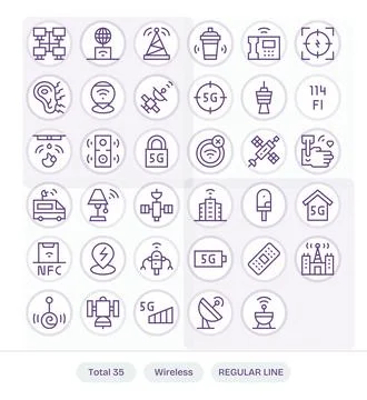 35 Wireless Pixel Aligned Vector Icons in 128x128 Regular Line Aesthetic Stock Illustration