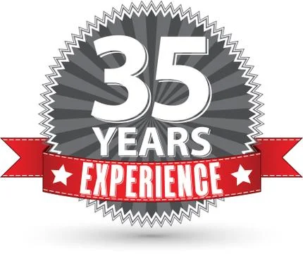 35 years experience retro label with red ribbon, vector illustration Stockillustratie