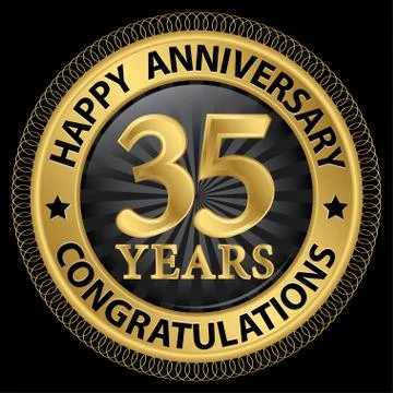 35 years happy anniversary congratulations gold label with ribbon, vector ill Stock Illustration