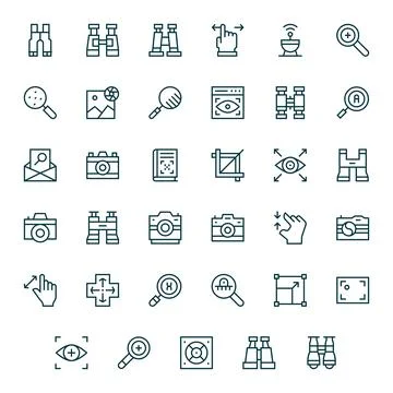 35 Zoom Pixel Aligned Vector Icons in 64x64 Regular Line Aesthetic Stock Illustration