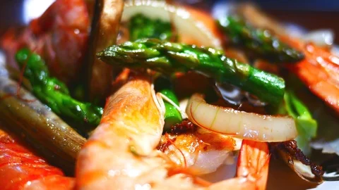 358 Close up of Thai hot and spicy food . Shrimps , broccoli , mushrooms Stock Footage 88697110