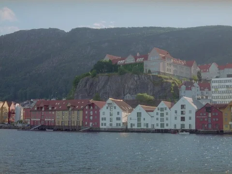 35MM 2K EXT. DAY WIDE BERGEN NORWAY- SEAPORT AND SHOP BUILDINGS Stock Footage 75364677