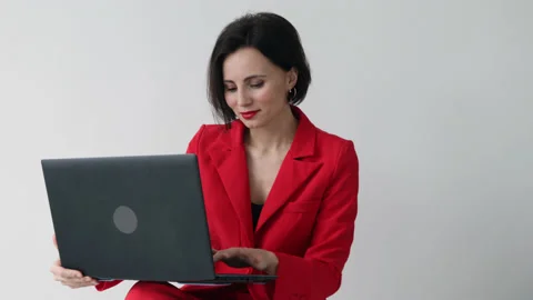 35s nice-looking attractive gorgeous woman using laptop computer Stock Footage 180396212