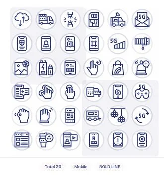 36 128x128 Bold Line Vector Icons optimized for Mobile Grid Fitted display Stock Illustration