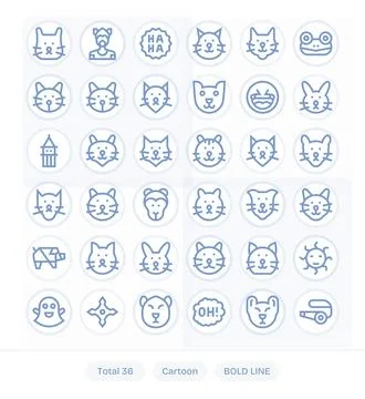 36 128x128 Bold Line Vector Icons for Cartoon with Pixel Optimized precision Stock Illustration