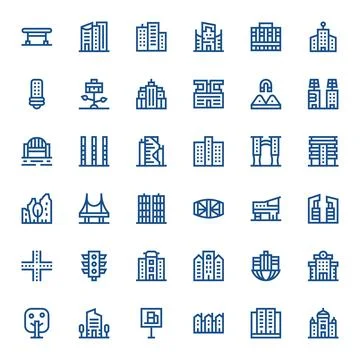 36 256x256 PIXEL Perfect Vector Icons for Urban Planning in Bold Line Theme Stock Illustration