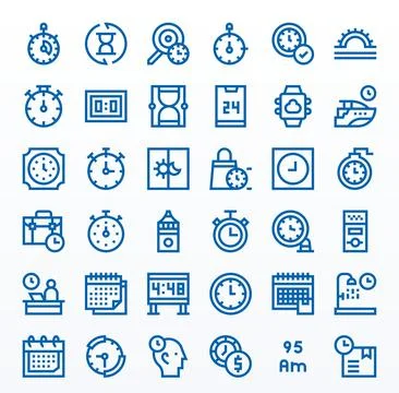 36 64x64 Vector Icons for Time in PIXEL Perfect Bold Line Format Stock Illustration