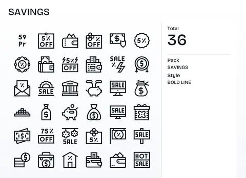 36 Bold Line Display Perfect High Resolution Vector Icons from Savings Suite Stock Illustration