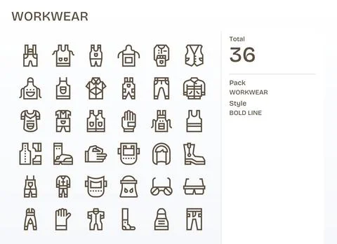 36 Bold Line Editable Vectors for Workwear Theme Stock Illustration
