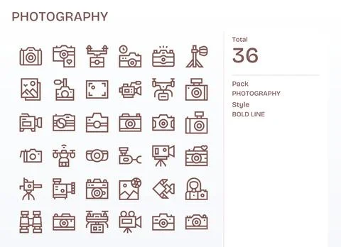 36 Bold Line Grid Fitted Designs for Photography 256x256 Vector Icons Stock Illustration