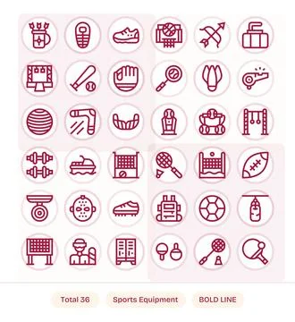 36 Bold Line Grid Fitted Vector Icons for Sports Equipment Graphics Stock Illustration