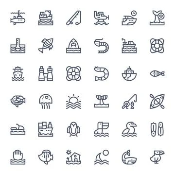 36 Bold Line PIXEL Perfect Designs for Ocean 64x64 Vector Icons Stock Illustration