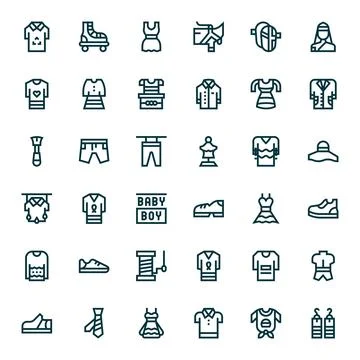 36 Bold Line Vector Icons designed for Apparel in High Resolution Pixel Ali.. Stock Illustration