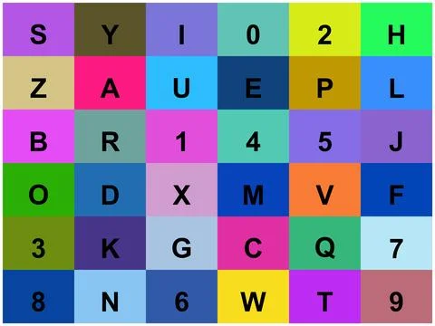 36 colorful rectangles featuring all letters from a to z and numbers 0 to 9.. Illustrazione stock