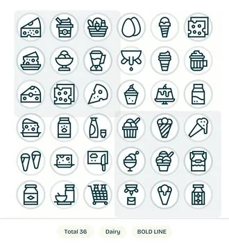 36 Dairy Pixel Optimized Vector Icons in High Resolution Bold Line Aesthetic Stock Illustration