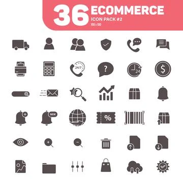 36 Ecommerce Icons Pack #2, Solid E-Commerce Icons Vector Set Stock Illustration