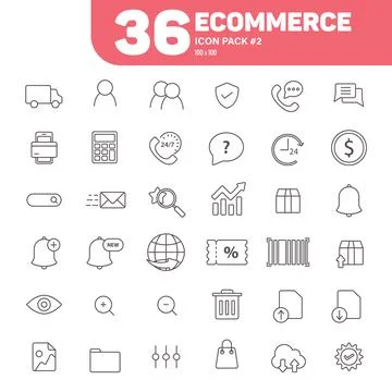 36 Ecommerce Icons Pack #2, Outline Line Art E-Commerce Icons Vector Set Stock Illustration