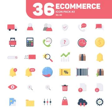 36 Ecommerce Icons Pack #2, Flat Color E-Commerce Icons Vector Set Stock Illustration