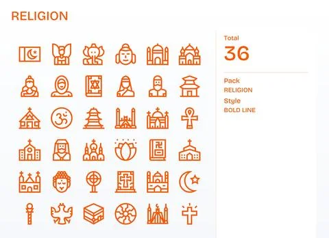 36 Editable 128x128 Vector Icons for Religion in elegant Bold Line design Stock Illustration