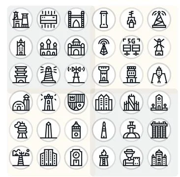 36 Editable 64x64 Vector Icons for Tower in elegant Bold Line design イラスト素材