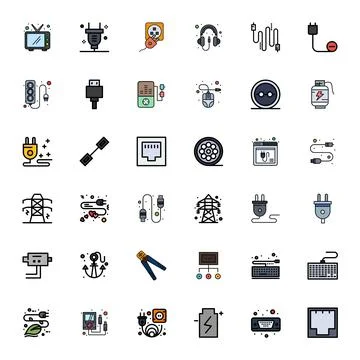 36 Flat Line Filled Vector Icons for Cable in crisp 128x128 Detail Enhanced.. Illustrazione stock