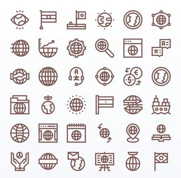 36 Grid Fitted Vector Icons themed around International in 256x256 Bold Lin.. Stock Illustration