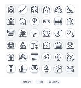 36 High Resolution Bold Line Vector Icons for House with PIXEL Perfect prec.. Ilustración de archivo
