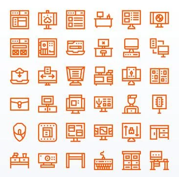 36 High Resolution Grid Fitted Vector Icons for Desktop in Bold Line Theme Stock Illustration