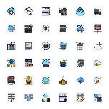 36 High Resolution LineFilled Vector Icons optimized for Data Center Pixel .. Stock Illustration